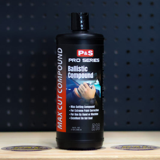 P&S Ballistic Max Cut Compound quart bottle, black Pro Series bottle with a white and red label