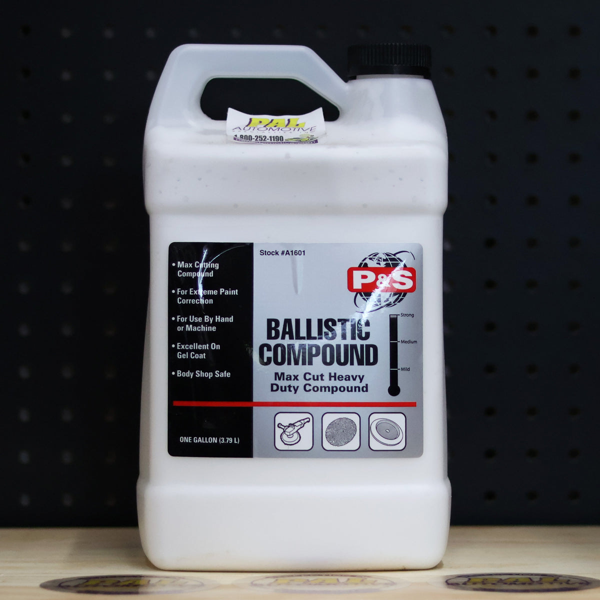 P&S Ballistic Max Cut Compound gallon jug, white bottle with a black and red Pro Series label