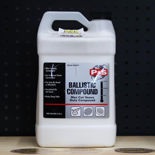 P&S Ballistic Max Cut Compound gallon jug, white bottle with a black and red Pro Series label