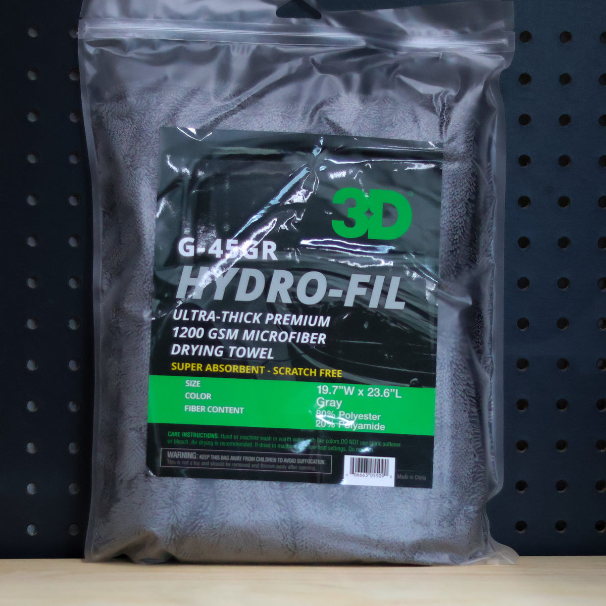 3D gray HYDRO-FIL microfiber drying towel, 20 by 24 inches, in its sealed retail bag