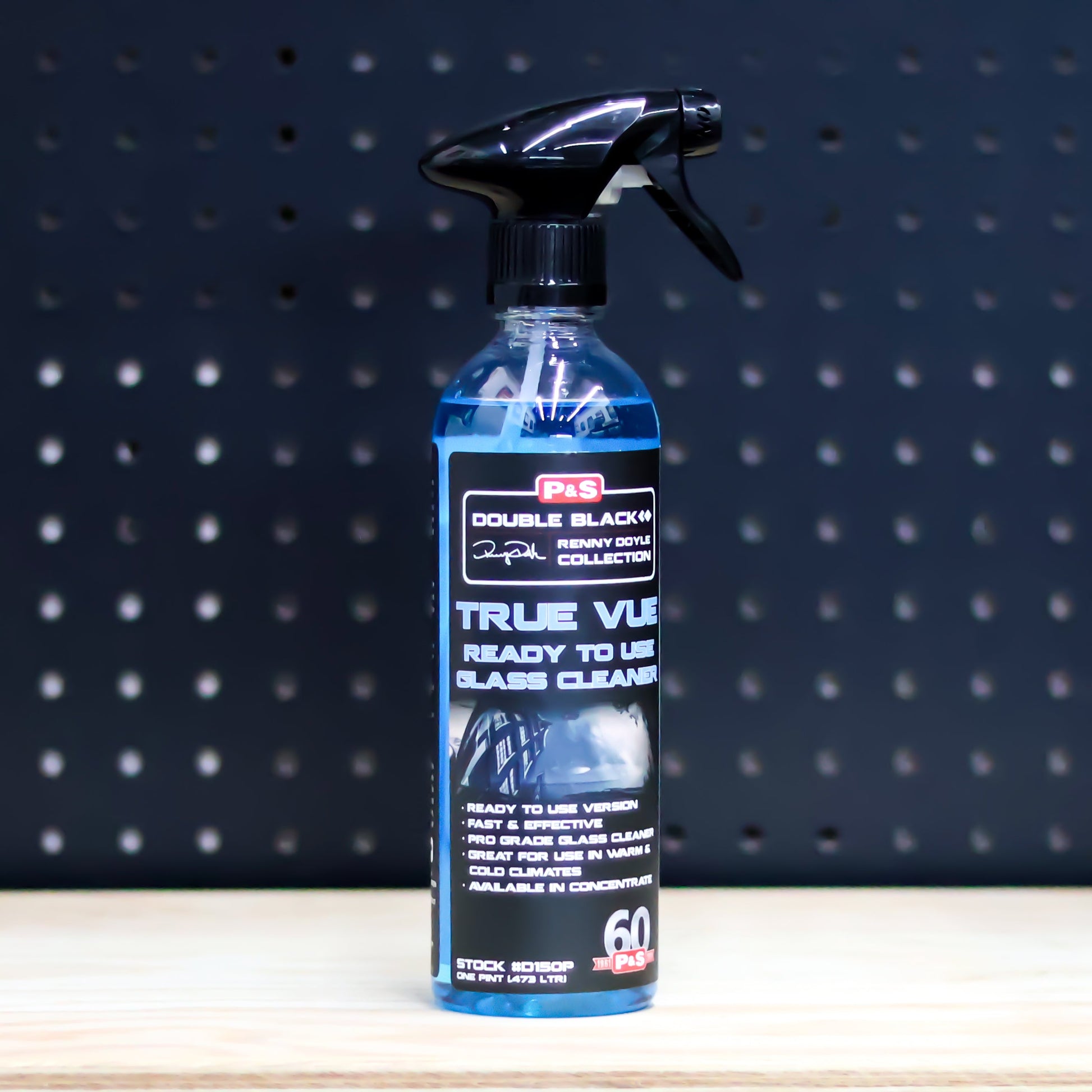 P&S True Vue ready to use glass cleaner pint spray bottle of blue liquid with the black Double Black label