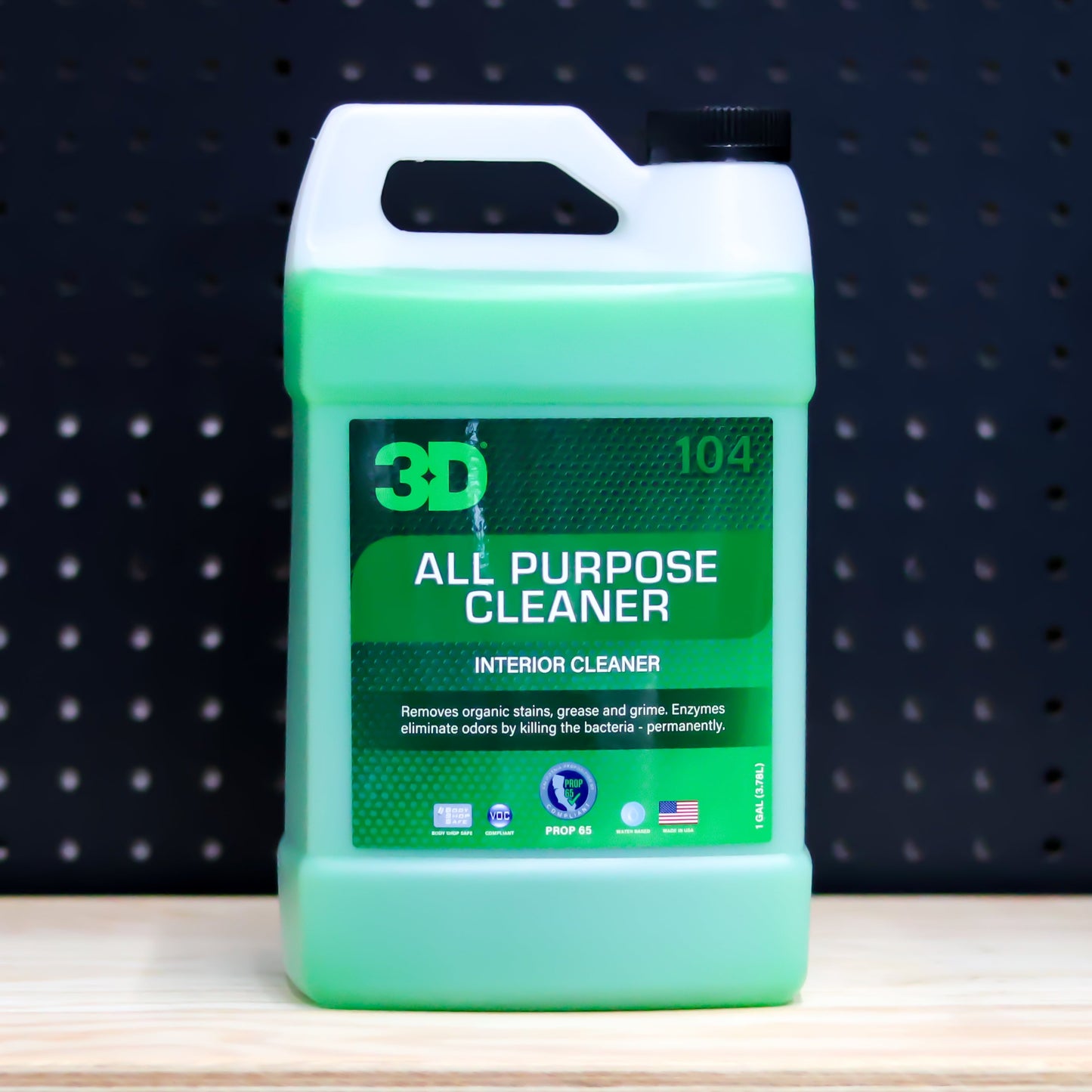 3D All Purpose Cleaner gallon jug of green liquid with handle and green 3D label