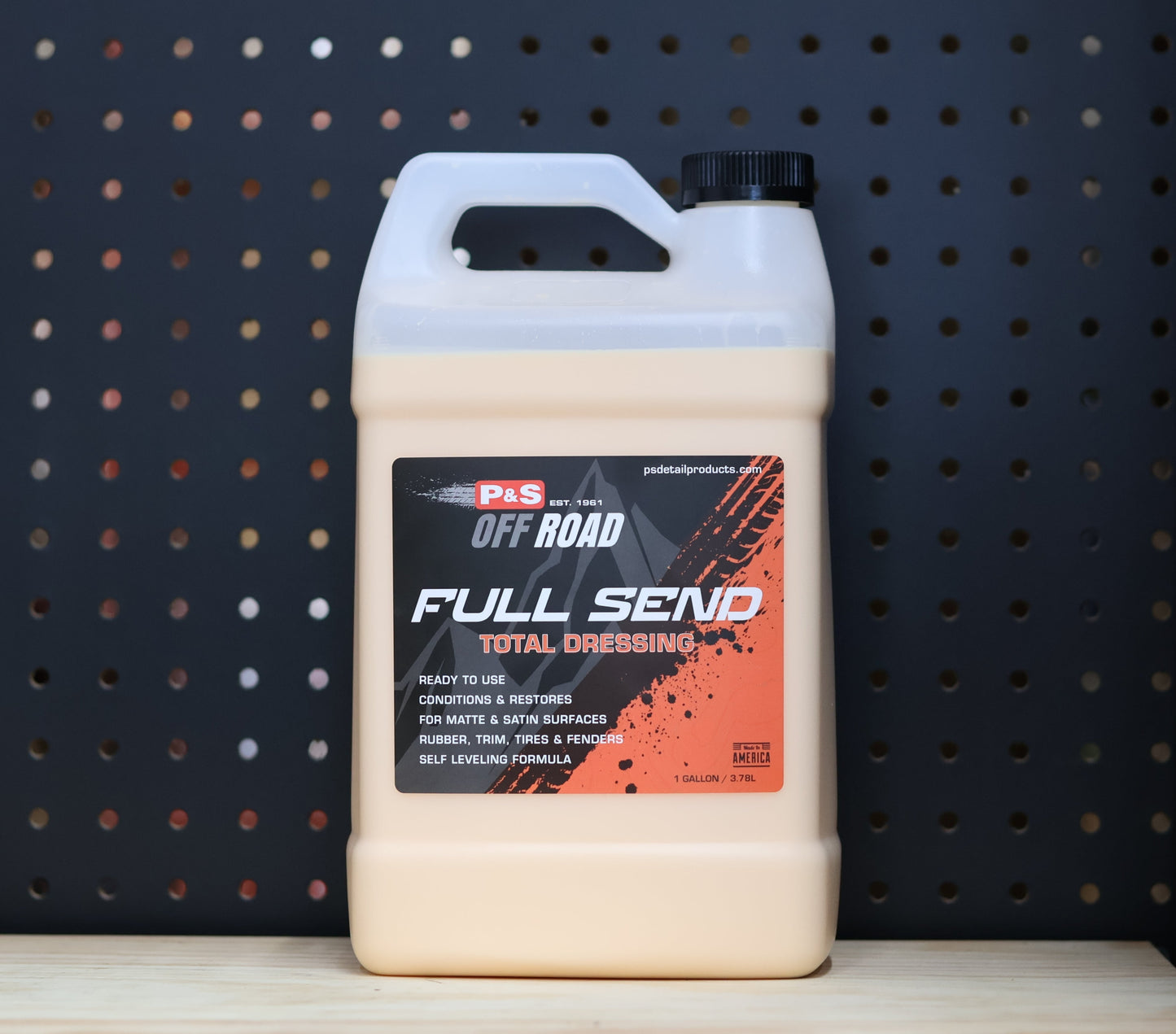 P&S Full Send Total Dressing gallon jug, tan liquid, black and orange Off Road label