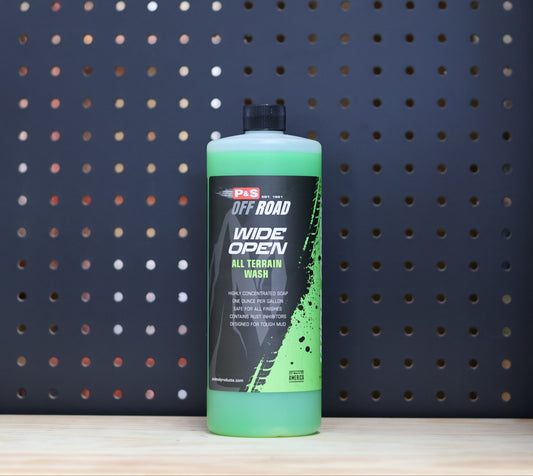 P&S Wide Open All Terrain Wash quart bottle, green liquid, black and green Off Road label