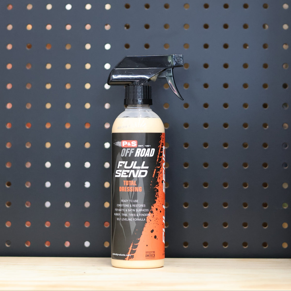 P&S Full Send Total Dressing pint trigger spray bottle, tan liquid, black and orange Off Road label