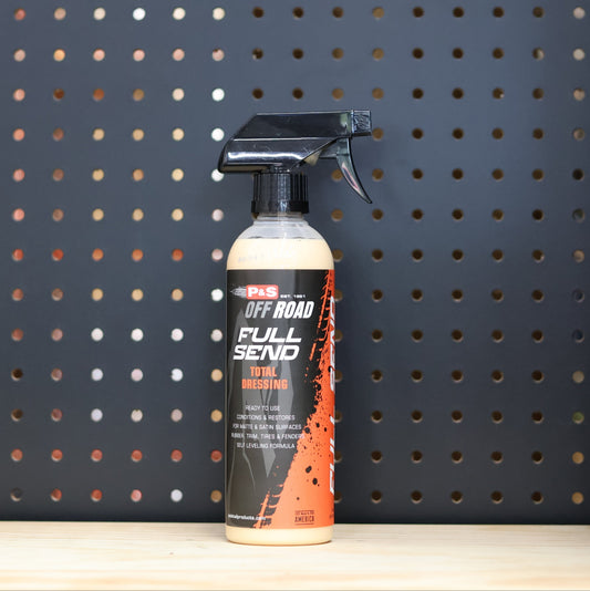 P&S Full Send Total Dressing pint trigger spray bottle, tan liquid, black and orange Off Road label