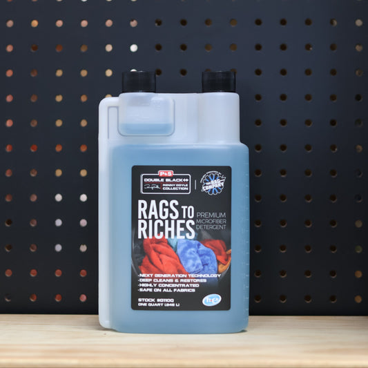 P&S Rags to Riches Microfiber Detergent quart bottle of blue liquid with a dosing chamber and black Double Black label
