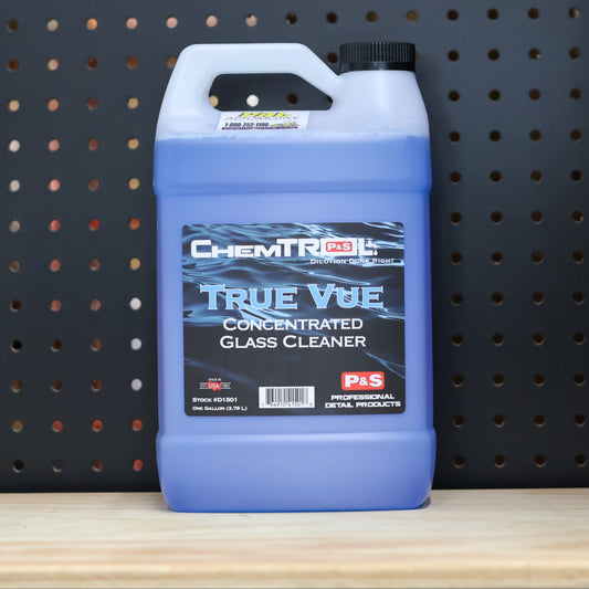 P&S ChemTrol Tru Vue Concentrated Glass Cleaner one gallon jug of blue liquid with a blue and black label