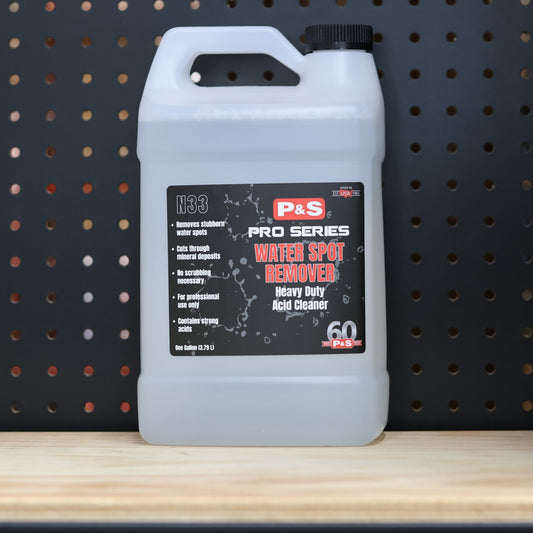 P&S Water Spot Remover gallon jug of clear liquid with the black Pro Series 1133 heavy duty acid cleaner label