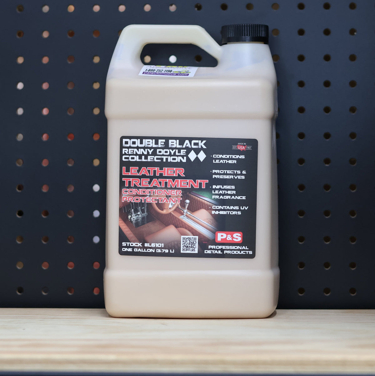 P&S Leather Treatment one gallon jug of cream colored conditioner with a black Double Black label and carry handle