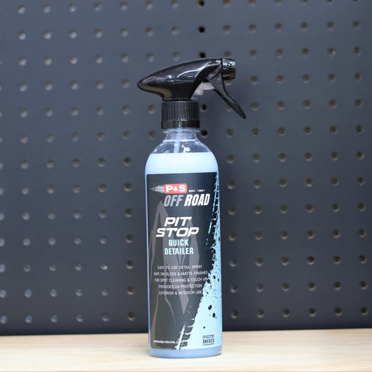 P&S Pit Stop Quick Detailer pint trigger spray bottle, pale blue liquid, black and white Off Road label