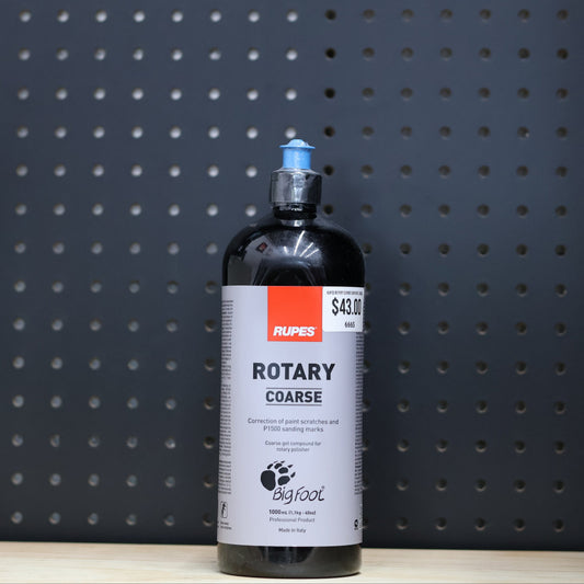 RUPES Rotary Coarse Compound in a 1000 ml black bottle with a blue cap and a BigFoot label