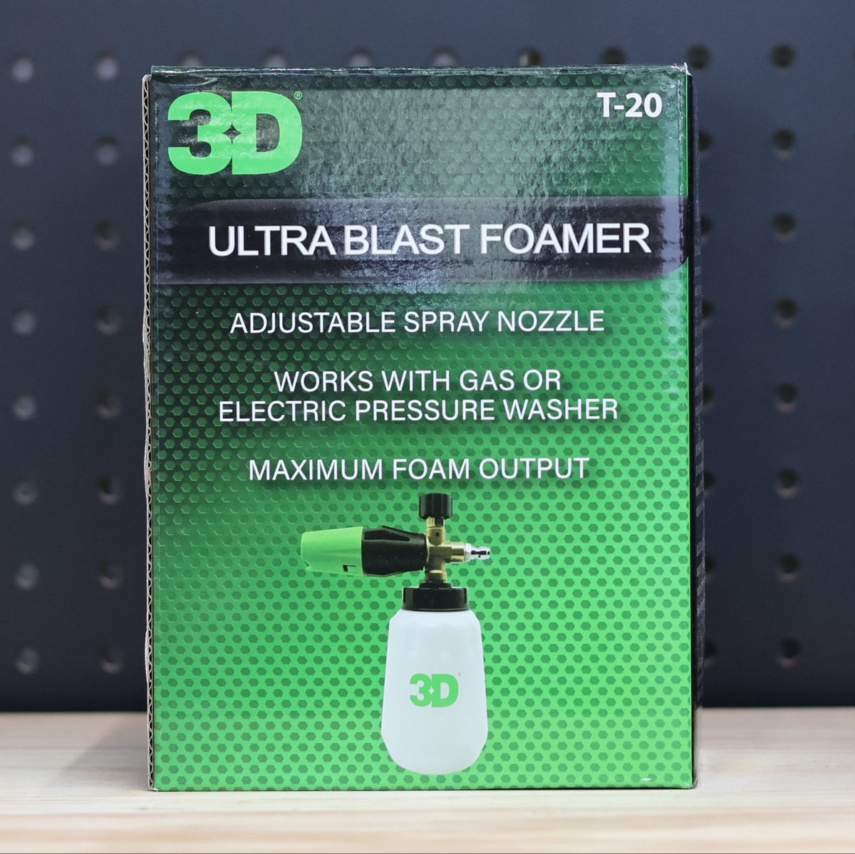 3D Ultra Blast Foamer in its green retail box, printed with a photo of the foam cannon and a pressure washer fitting