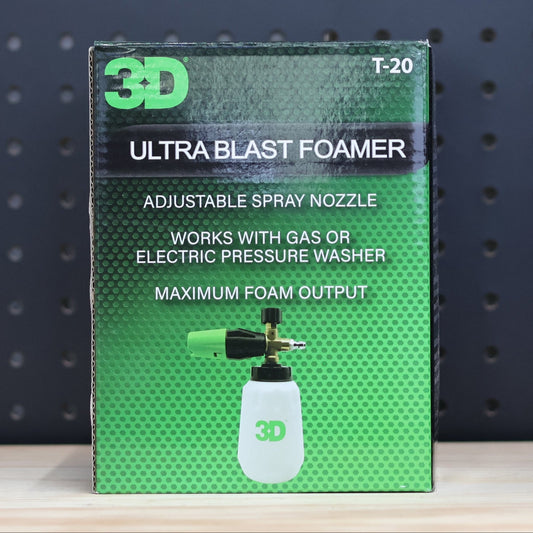 3D Ultra Blast Foamer in its green retail box, printed with a photo of the foam cannon and a pressure washer fitting