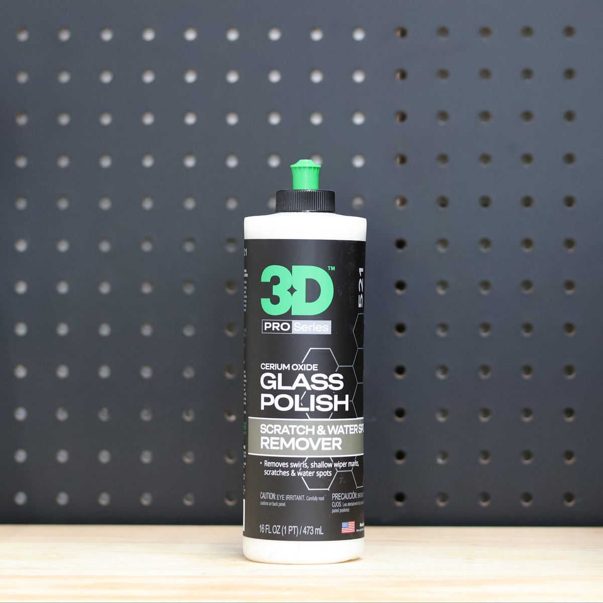 3D Glass Polish bottle with green cap and black and white Scratch and Water Spot Remover label