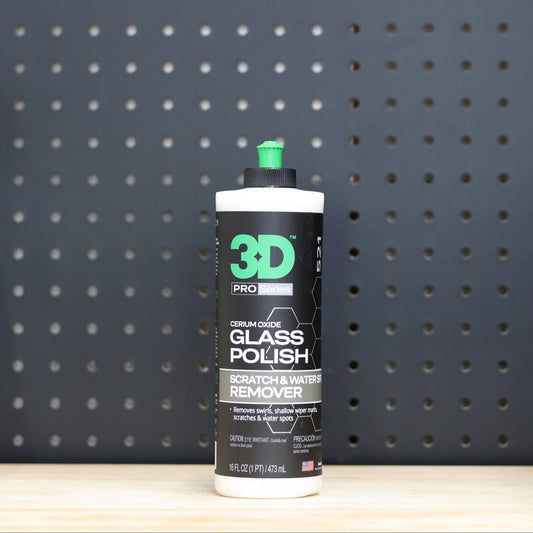 3D Glass Polish bottle with green cap and black and white Scratch and Water Spot Remover label