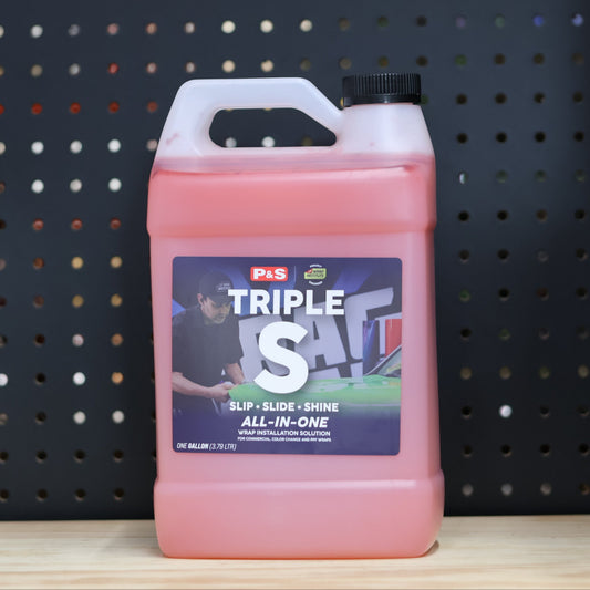 P&S Triple S Wrap Install Solution gallon jug, pink liquid, blue all in one label
