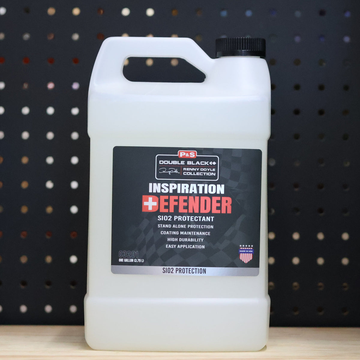 P&S Defender SiO2 Protectant one gallon translucent jug with a carry handle and a Double Black Inspiration Defender label