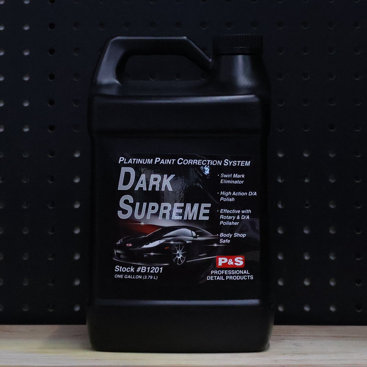 P&S Dark Supreme one gallon black jug with a carry handle and a Platinum Paint Correction System label