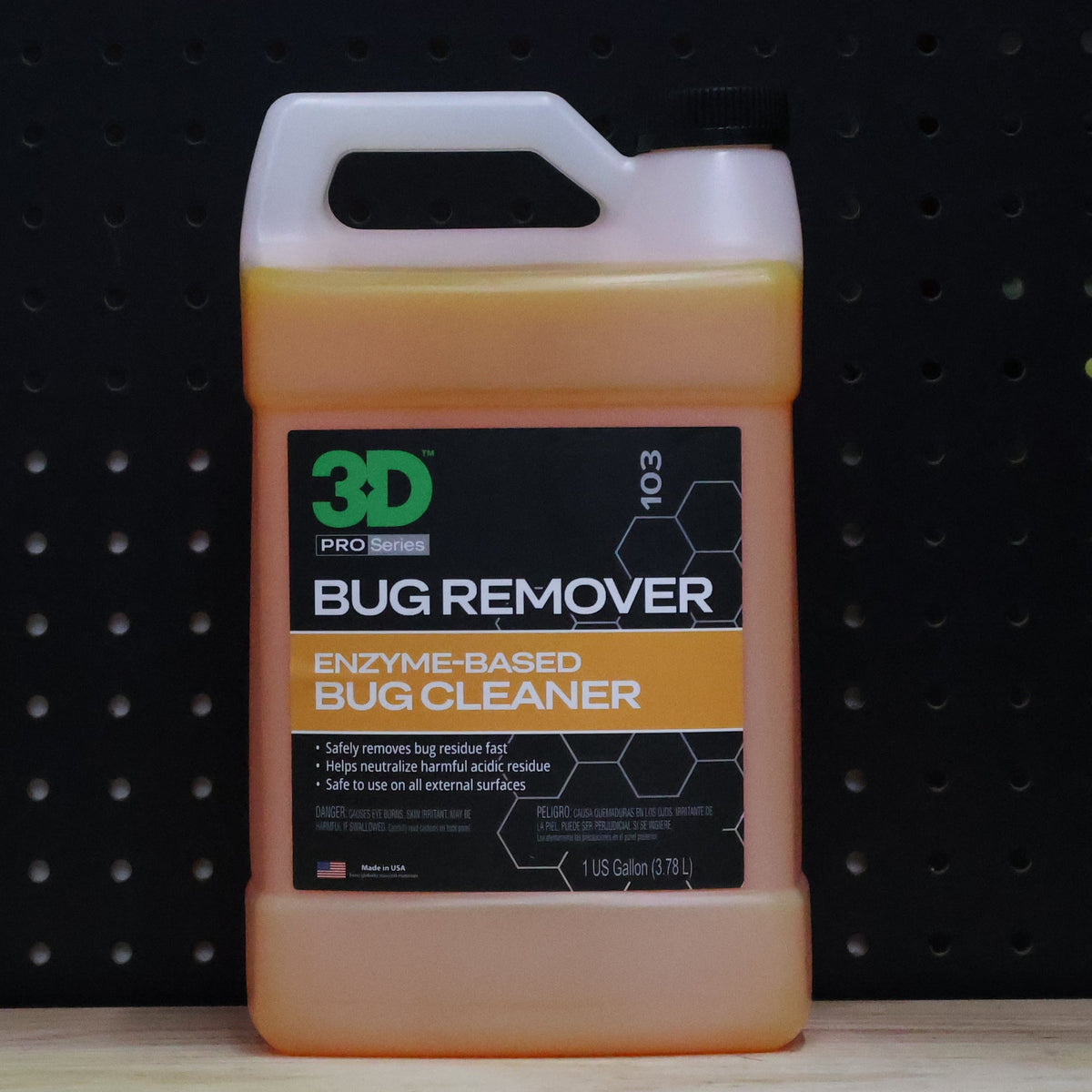 3D Bug Remover gallon jug with handle, amber liquid and black Enzyme Based Bug Cleaner label