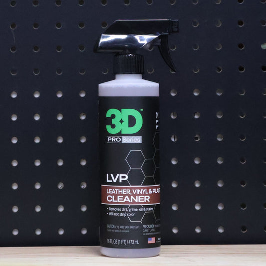 3D LVP leather, vinyl and plastic cleaner pint spray bottle with a black trigger and black label