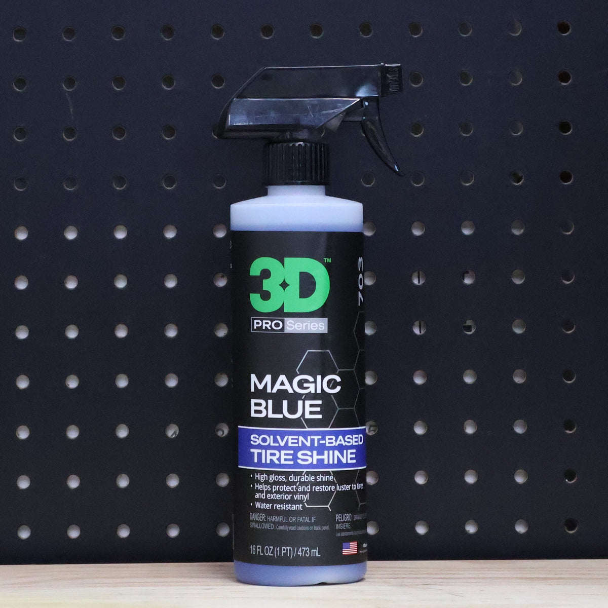 3D Magic Blue solvent based tire shine 16 oz spray bottle with a black trigger and blue label