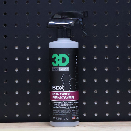 3D BDX Wheel Cleaner 16 oz bottle with black trigger sprayer and black label with pink BDX Iron Oxide Remover panel