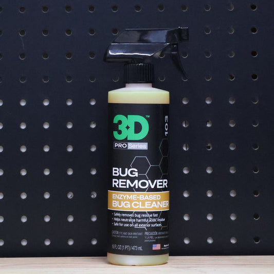 3D Bug Remover pint bottle with black trigger sprayer, amber liquid and black Enzyme Based Bug Cleaner label