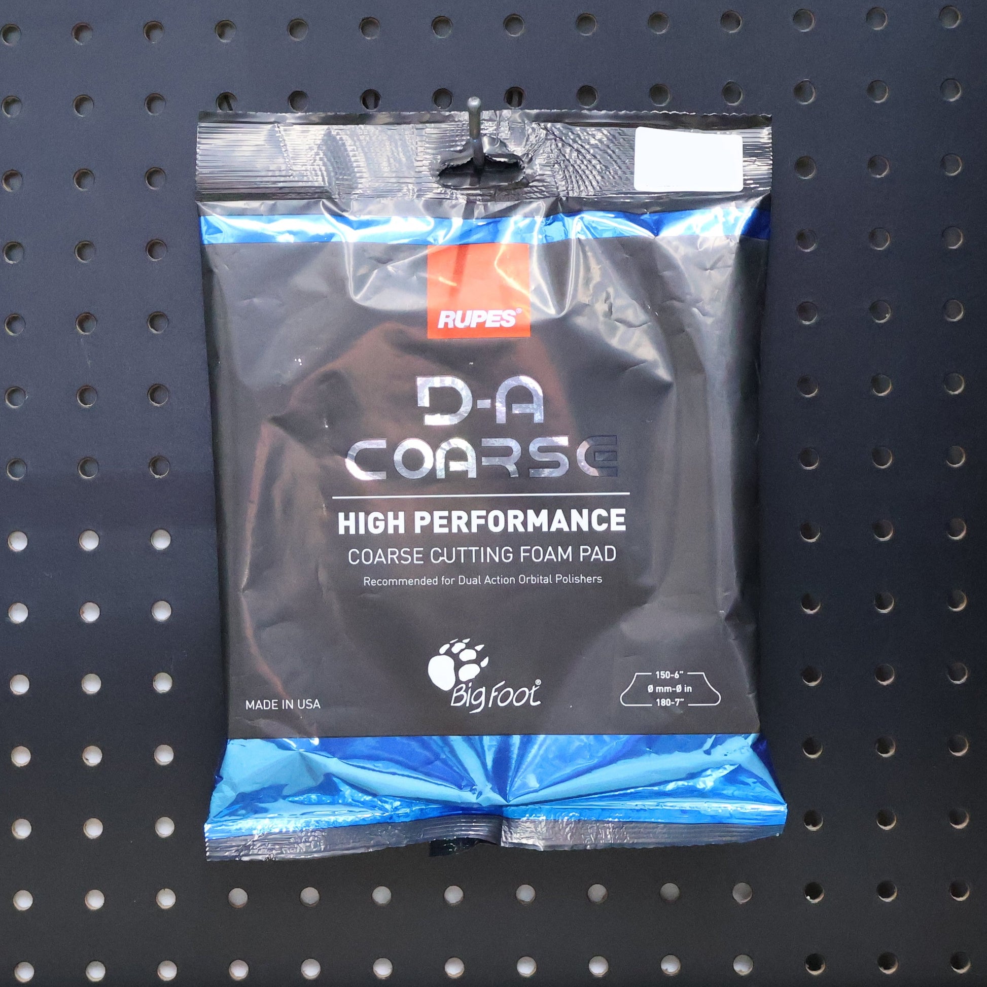 RUPES D-A Coarse 7 inch blue foam cutting pad in a black RUPES flow pack