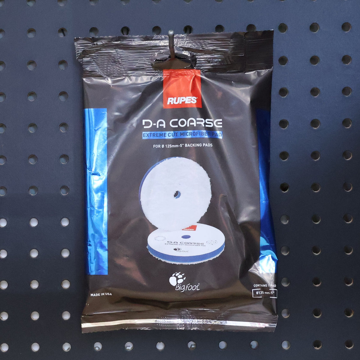 RUPES D-A Coarse microfiber extreme cut pad with a gray microfiber face on blue foam, in a black flow pack