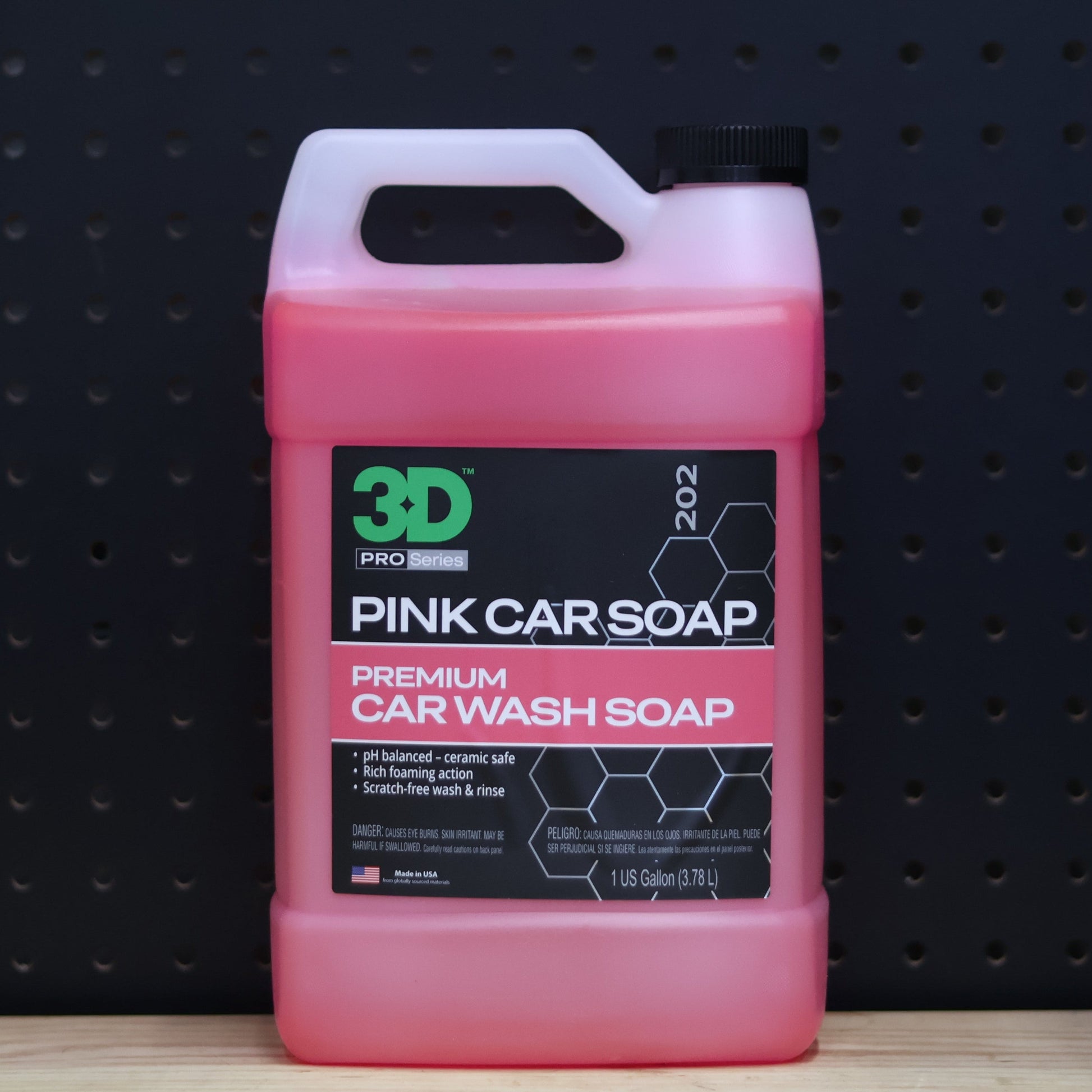 3D Pink Car Soap 1 gallon jug, pink liquid in a translucent bottle with a black premium car wash soap label