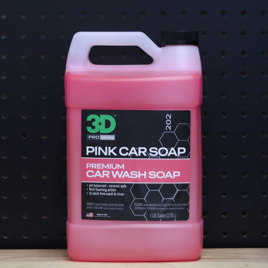 3D Pink Car Soap 1 gallon jug, pink liquid in a translucent bottle with a black premium car wash soap label