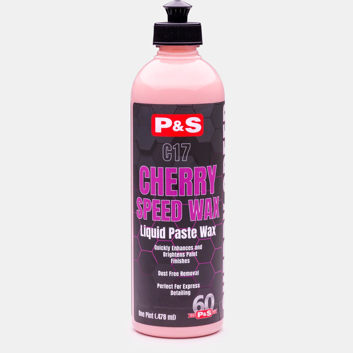 P&S Cherry Speed Wax pint bottle of pink liquid with a black cap and a P&S G17 Liquid Paste Wax label