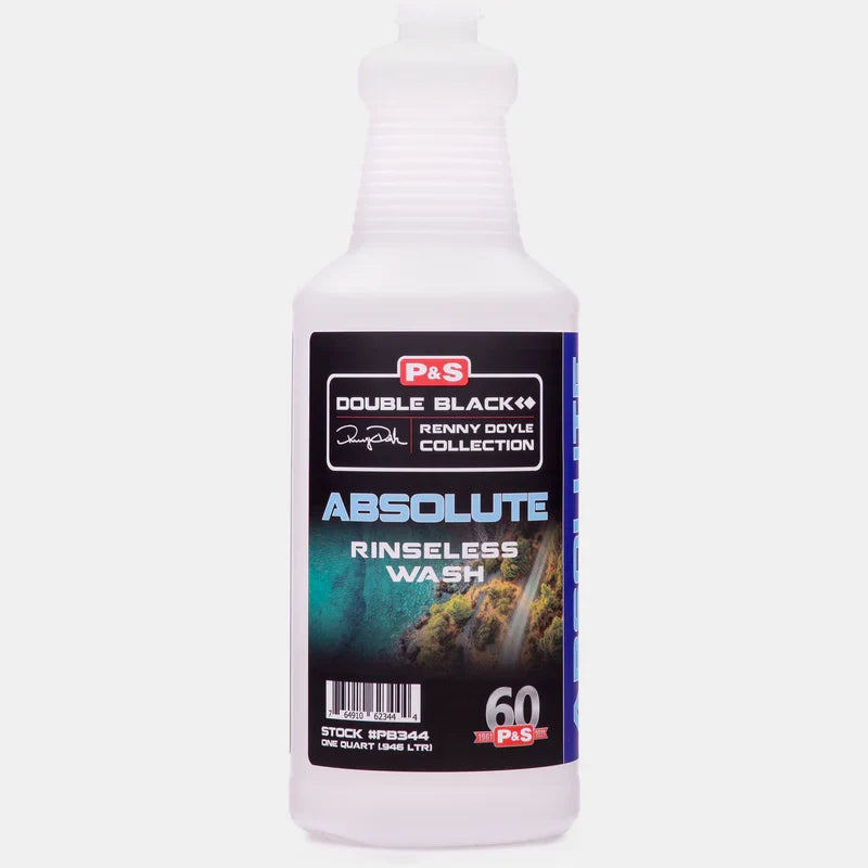 Empty white P&S Double Black quart bottle labeled Absolute Rinseless Wash with no trigger fitted
