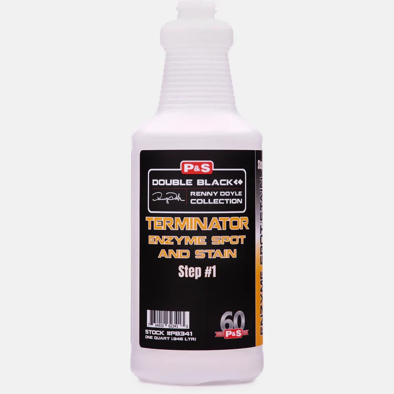 P&S Terminator labeled quart bottle in natural white plastic with a black and orange Double Black label