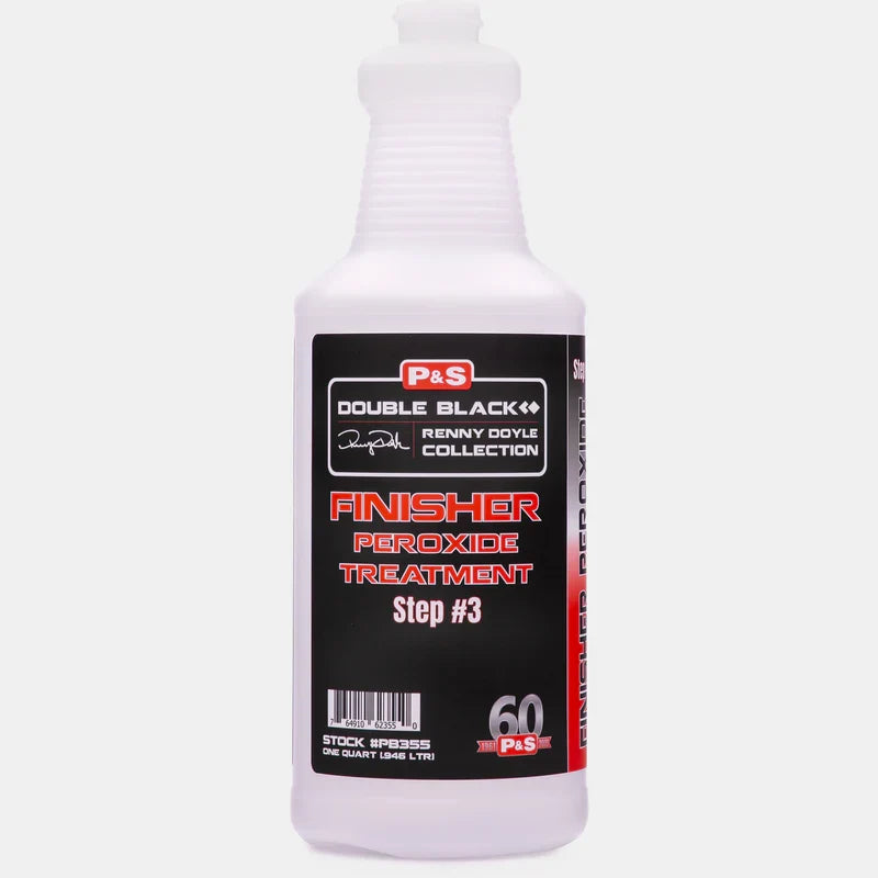 Empty white P&S Double Black quart bottle labeled Finisher Peroxide Treatment Step 3, no trigger