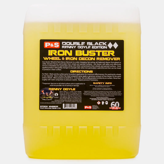 P&S Iron Buster Wheel and Paint Decon Remover 5 gallon container with yellow liquid and a yellow label