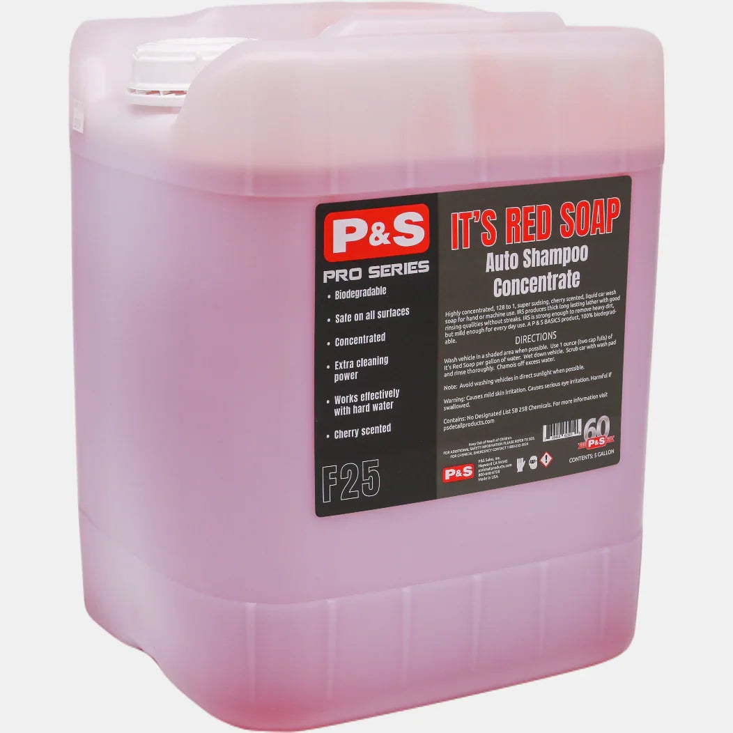 P&S IRS It's Red Soap auto shampoo concentrate in a five gallon pail of pink liquid