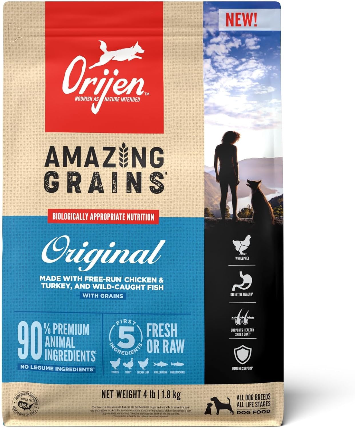 Bag of Orijen Amazing Grains Original dry dog food