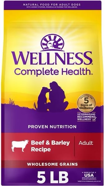Bag of Wellness Complete Health Beef & Barley dry dog food for adult dogs