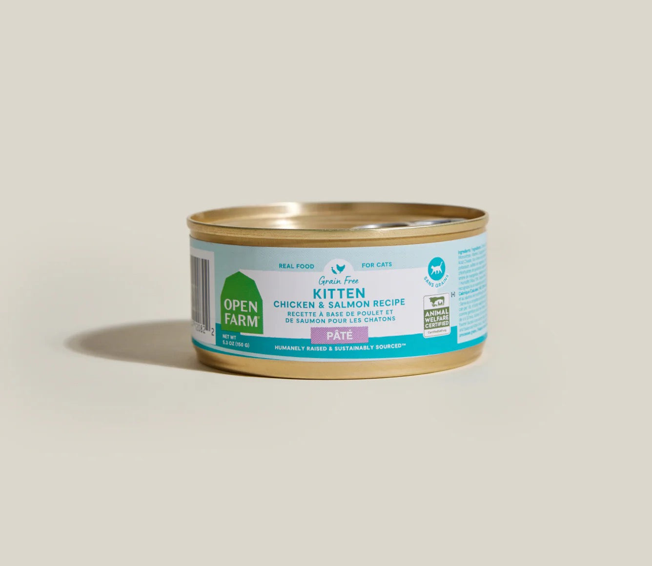 2.8oz can of Open Farm Grain Free Kitten Chicken & Salmon Pate wet cat food