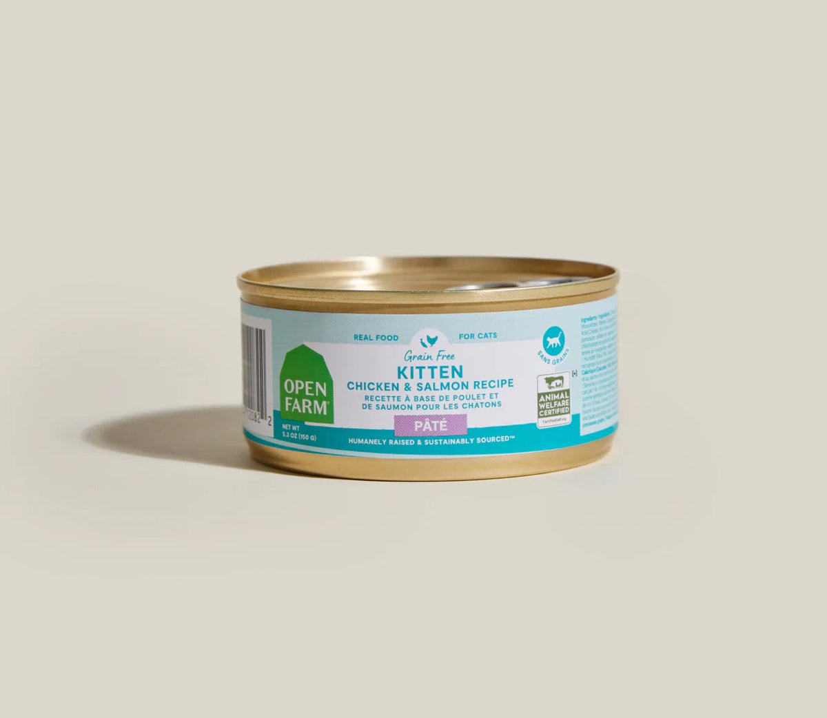 2.8oz can of Open Farm Grain Free Kitten Chicken & Salmon Pate wet cat food