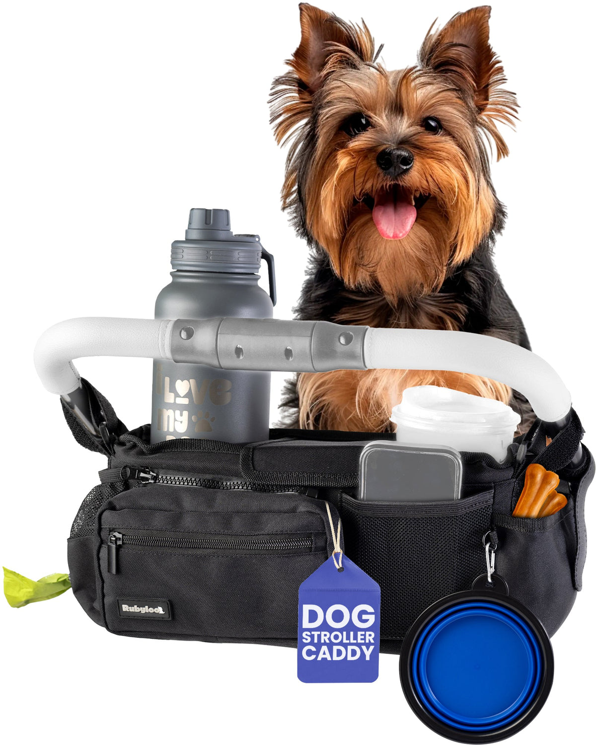 Dog Stroller Caddy Organizer in Black and Paw Print, Rubyloo, sold through Sniff and Shift