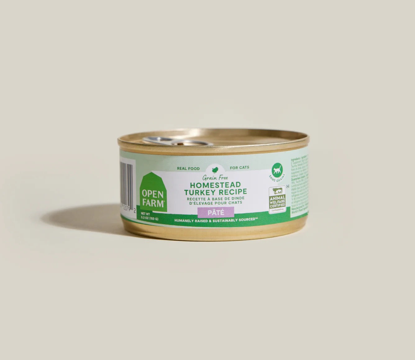 2.8oz can of Open Farm Grain Free Homestead Turkey Pate wet cat food
