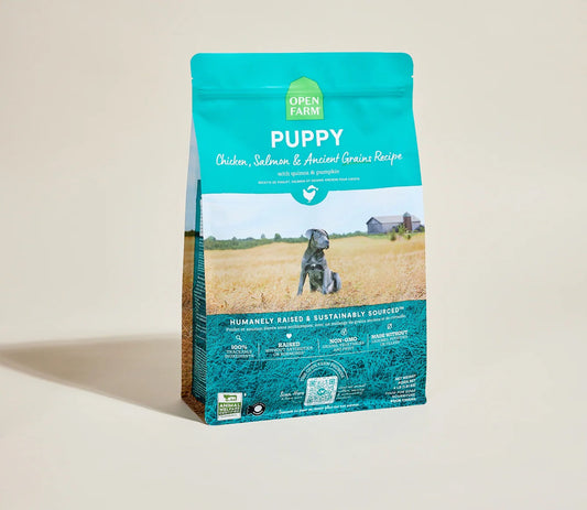 Open Farm Puppy Chicken, Salmon & Ancient Grains 4lb dry dog food bag