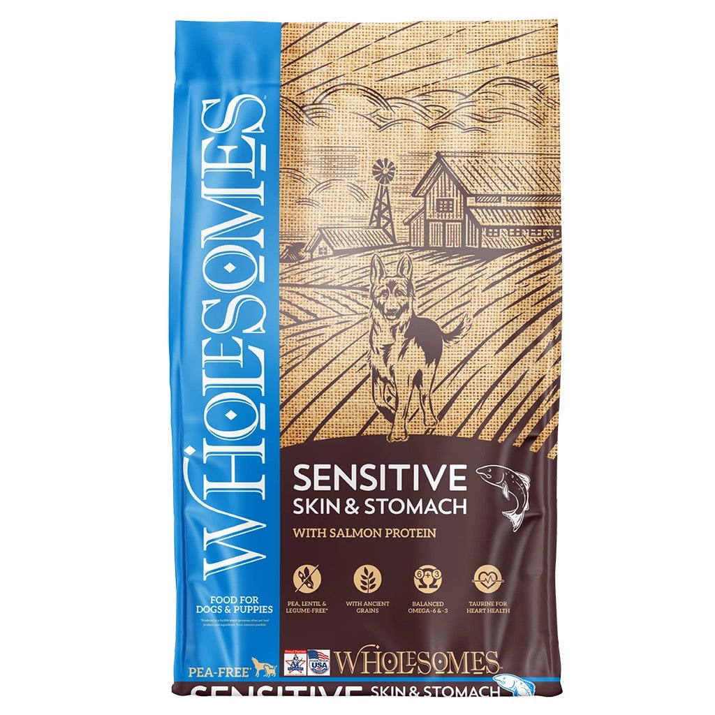 30 lb bag of Wholesomes Sensitive Skin & Stomach Salmon dry dog food