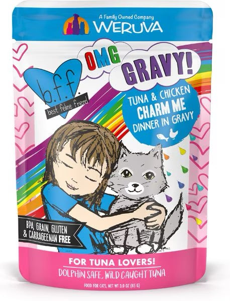 BFF OMG Charm Me tuna and chicken wet cat food pouch, 3oz