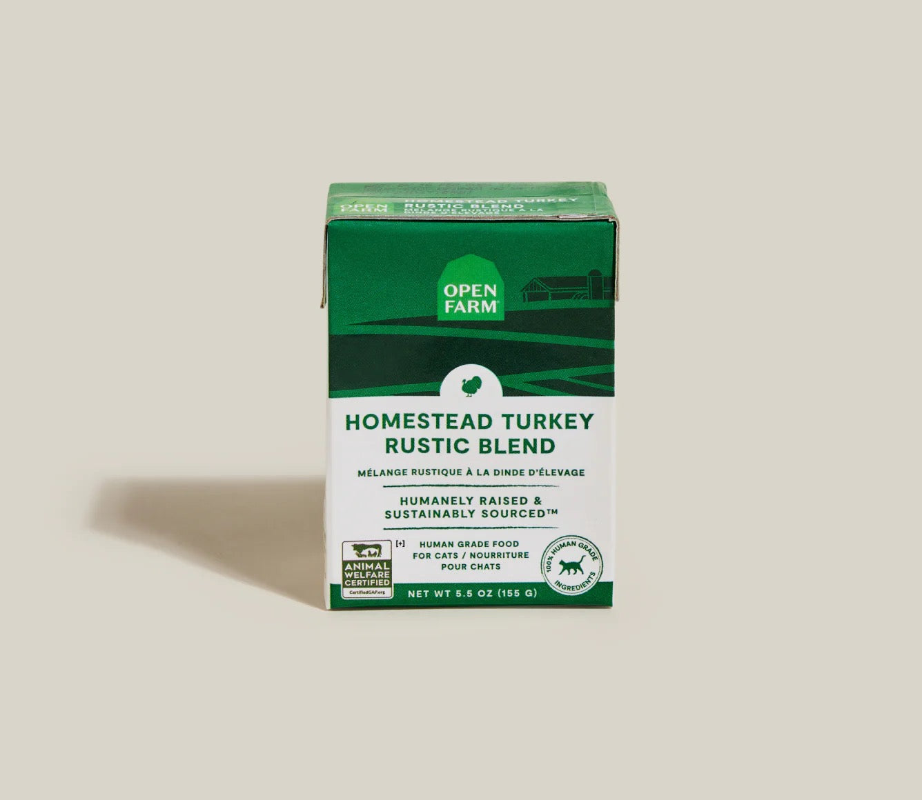 5.5oz carton of Open Farm Grain Free Homestead Turkey Rustic Blend wet cat food