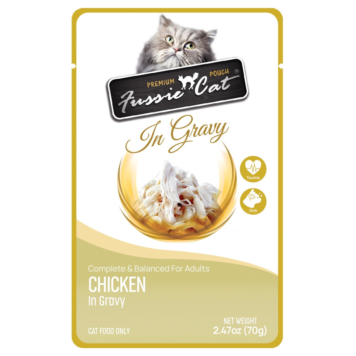 Fussie Cat Premium Pouch Chicken in Gravy wet cat food, 2.47oz pouch