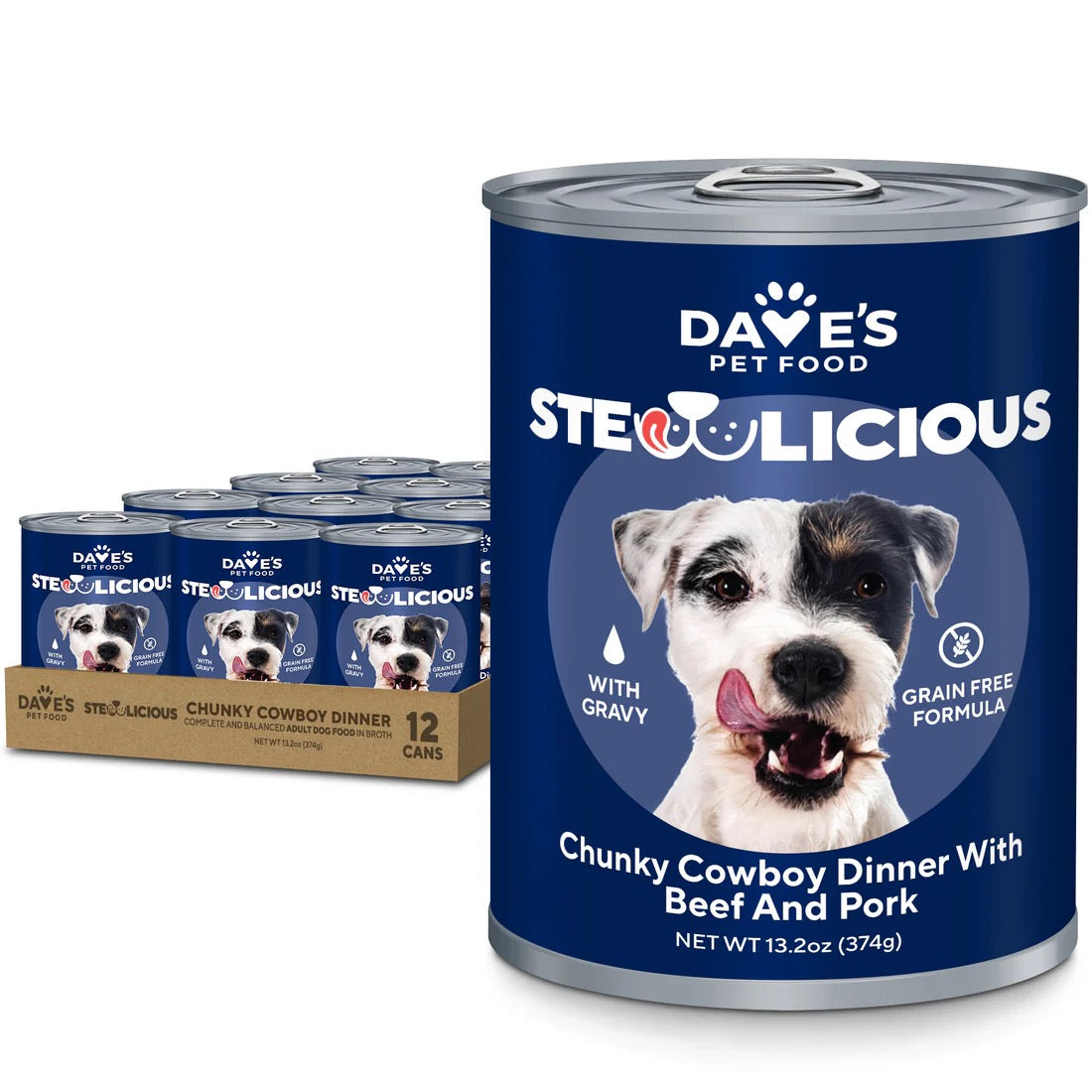 Dave's Stewlicious Cowboy Dinner with Beef & Pork canned dog food, 13.2 oz can